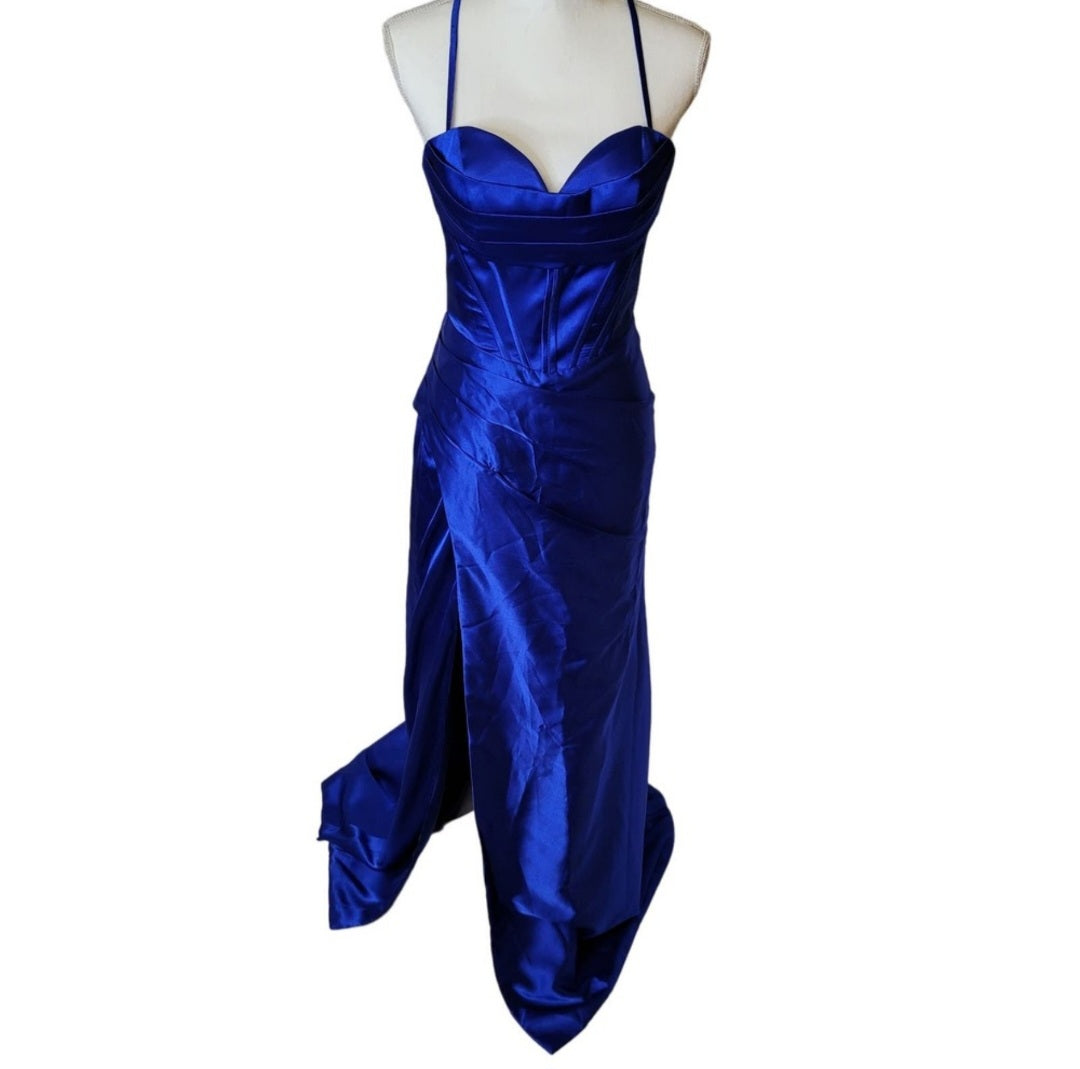 Sapphire Blue Strappy Halo Dress Sweetheart Neckline with Corset Back
