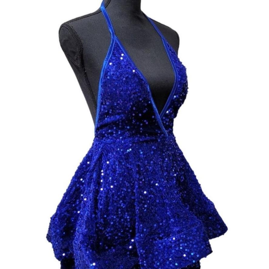 Women's Sapphire Blue V Neck Halter Short Dress