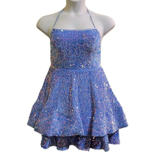 Women's Icy Blue Scoop Neck Halter Short Dress