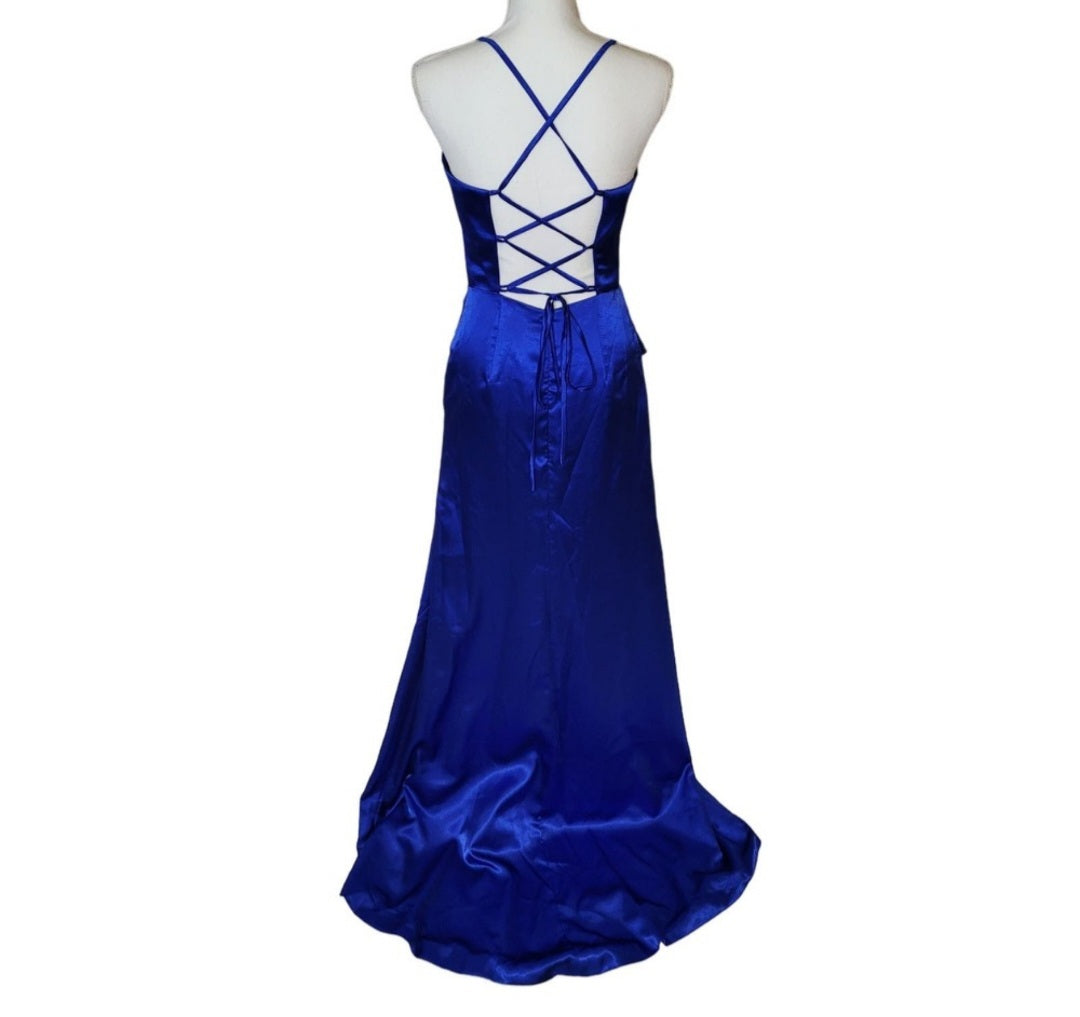 Sapphire Blue Strappy Halo Dress Sweetheart Neckline with Corset Back