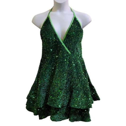 Women's Shamrock Green V Neck Halter Short Dress