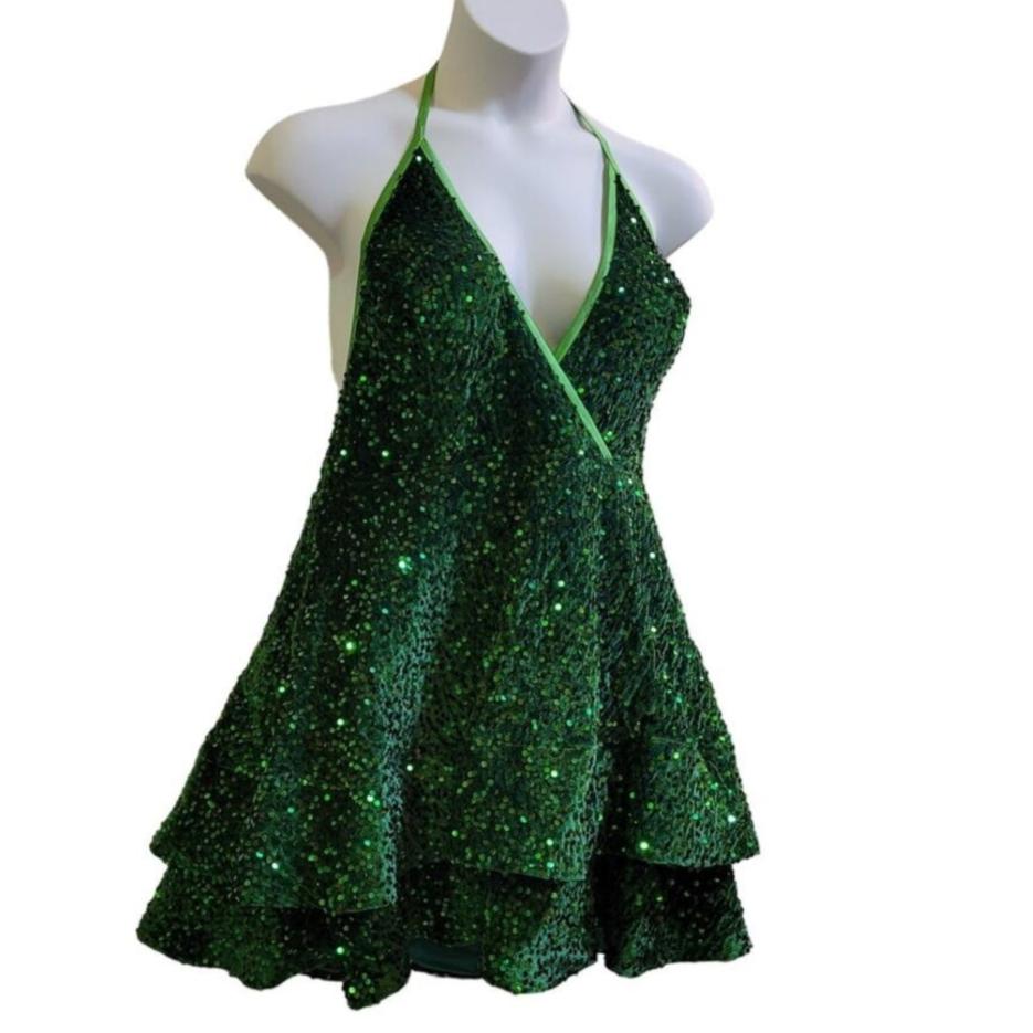 Women's Shamrock Green V Neck Halter Short Dress