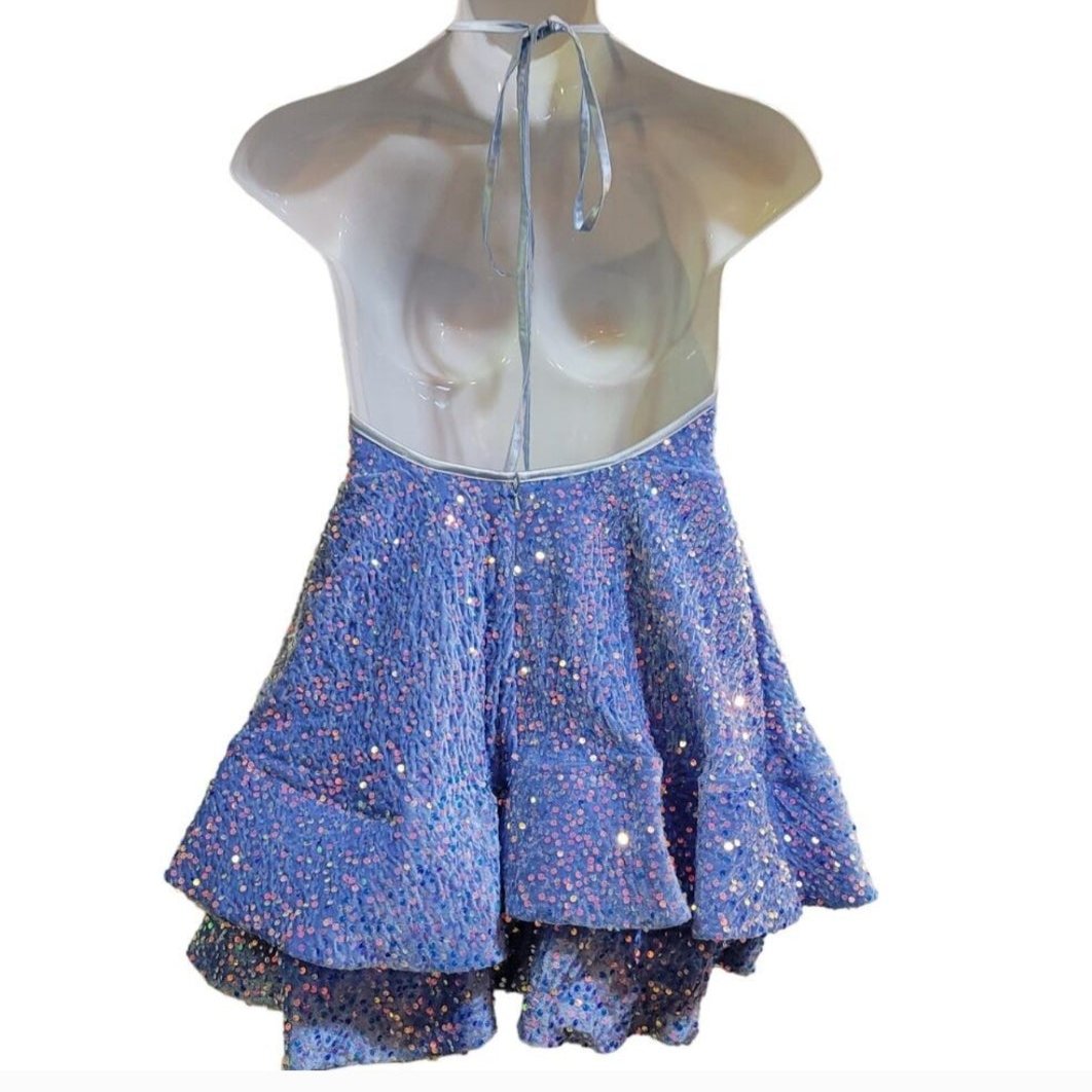 Women's Icy Blue Scoop Neck Halter Short Dress