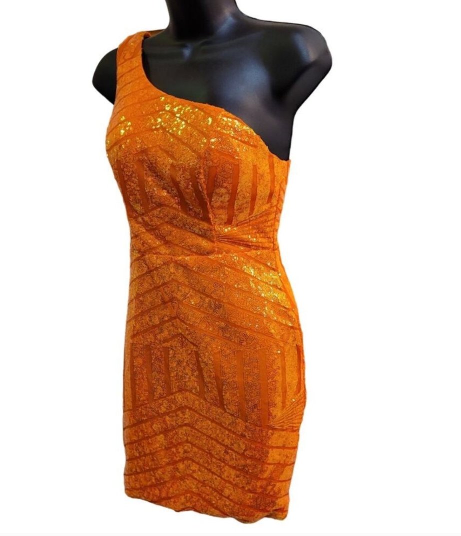 Women's Orange Sequin Pattern One Shoulder Asymmetrical Short Dress