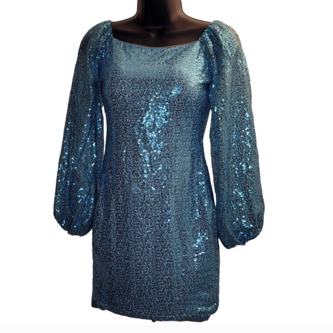 Women's Baby Blue Sequin Long Sleeved Short Dress with Corset Back