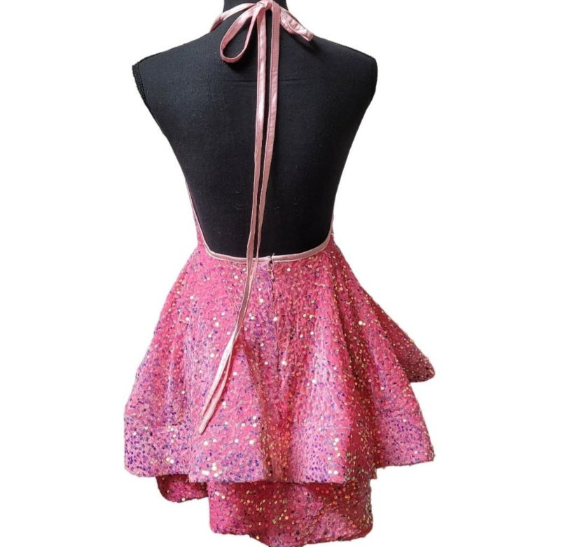 Women's Bubblegum Pink V Neck Halter Short Dress
