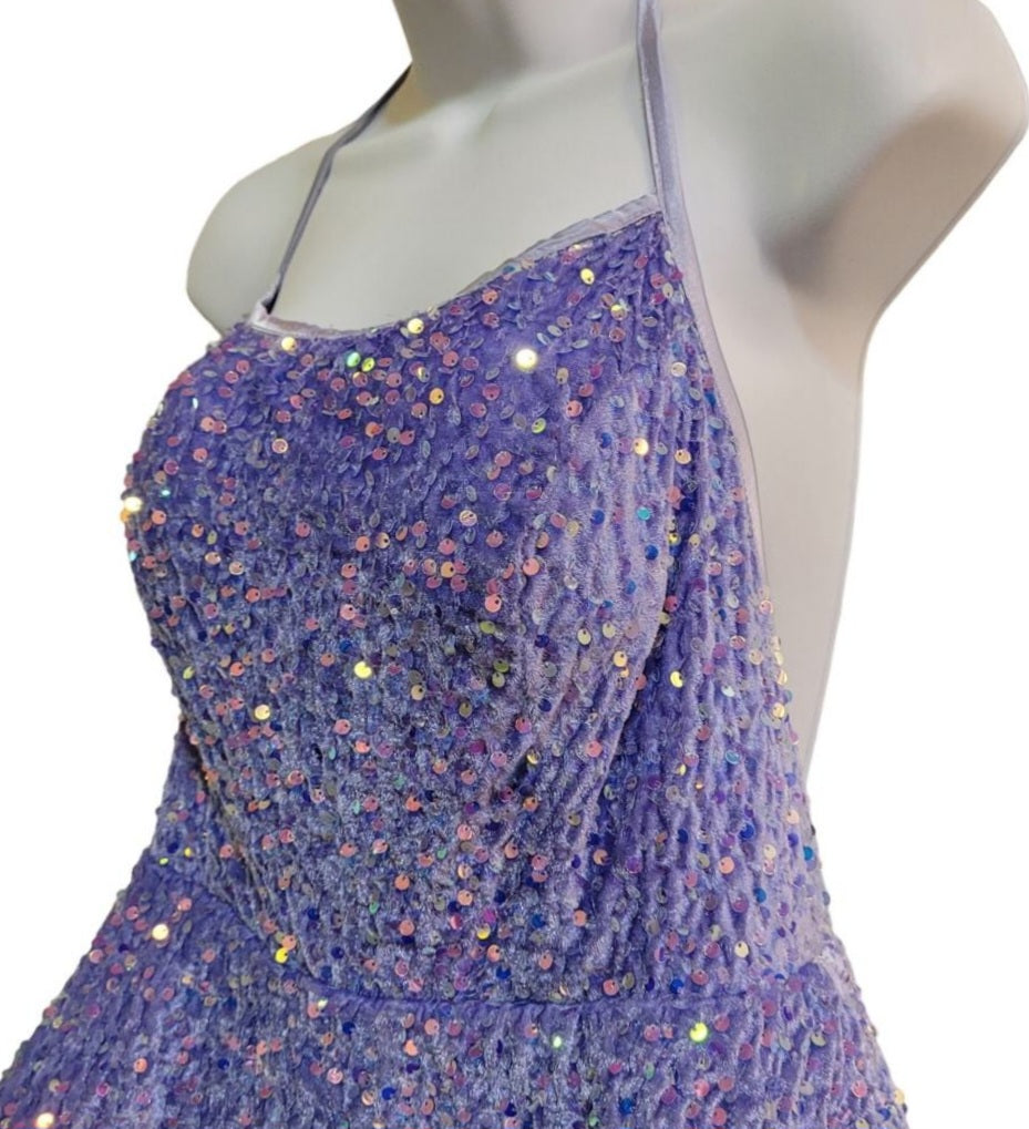 Women's Lilac Scoop Neck Halter Short Sequin Dress
