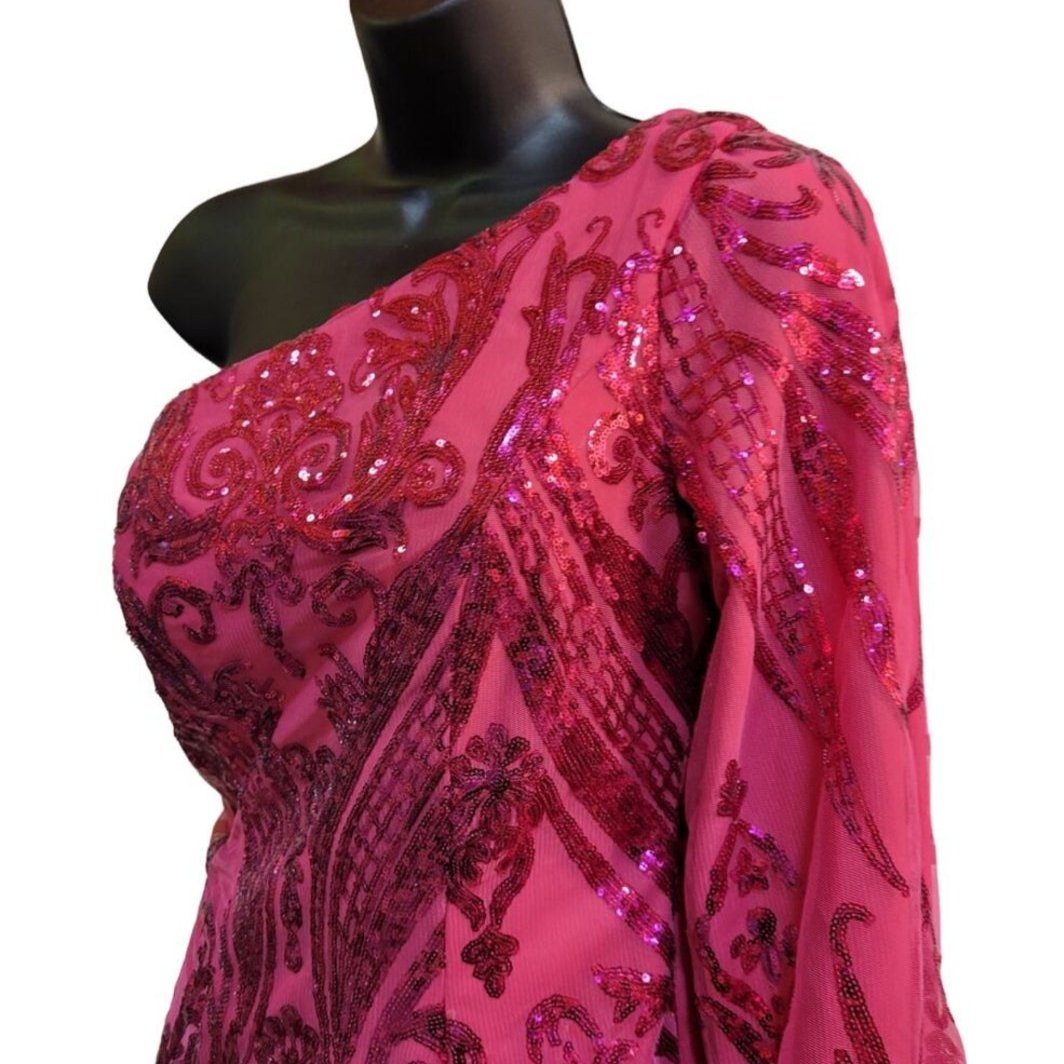 Women's Hot Pink Sequin Pattern One Long Sleeve Asymmetrical Short Dress