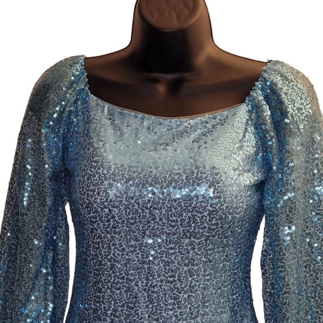 Women's Baby Blue Sequin Long Sleeved Short Dress with Corset Back