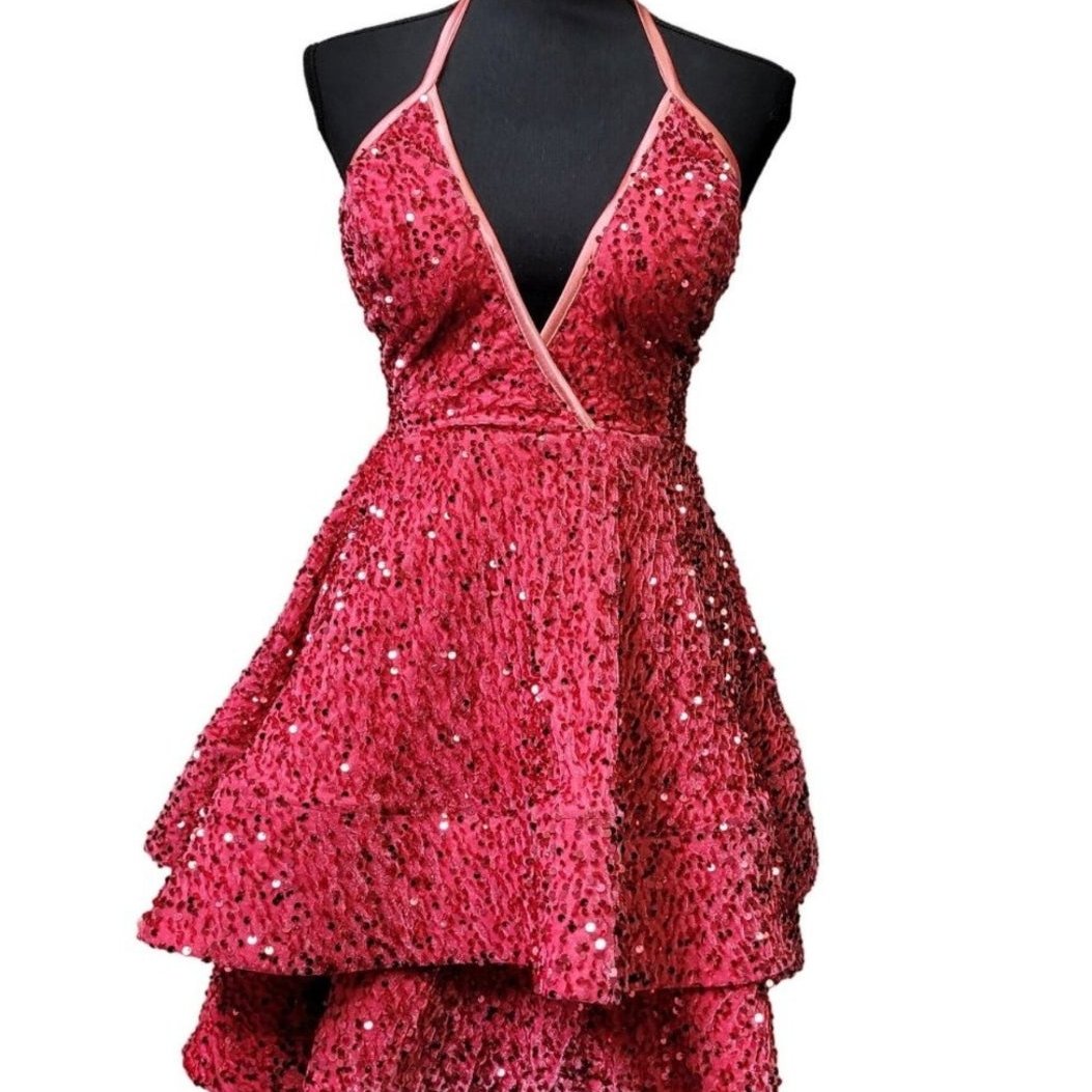Women's Magenta Pink V Neck Halter Short Dress