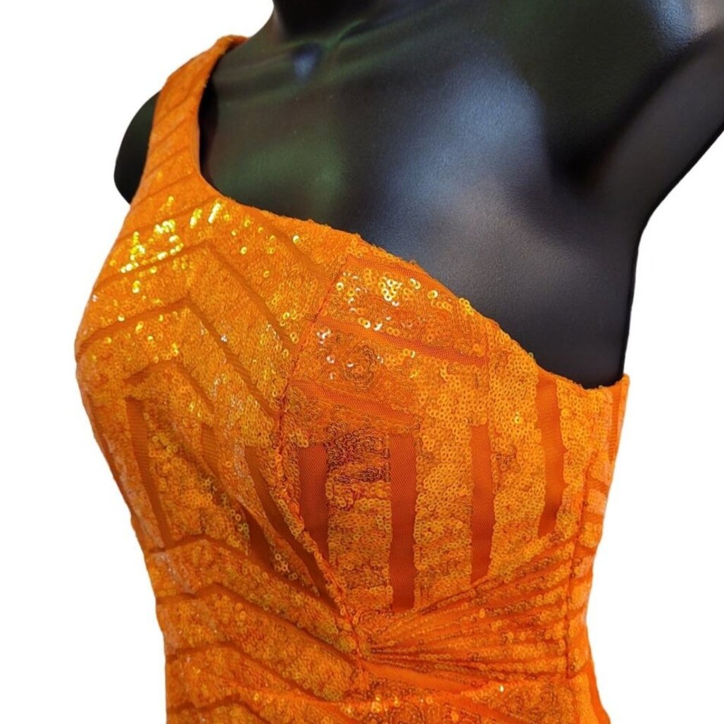 Women's Orange Sequin Pattern One Shoulder Asymmetrical Short Dress