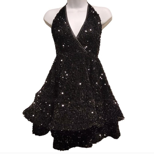 Women's Black Sequin V Neck Halter Short Dress