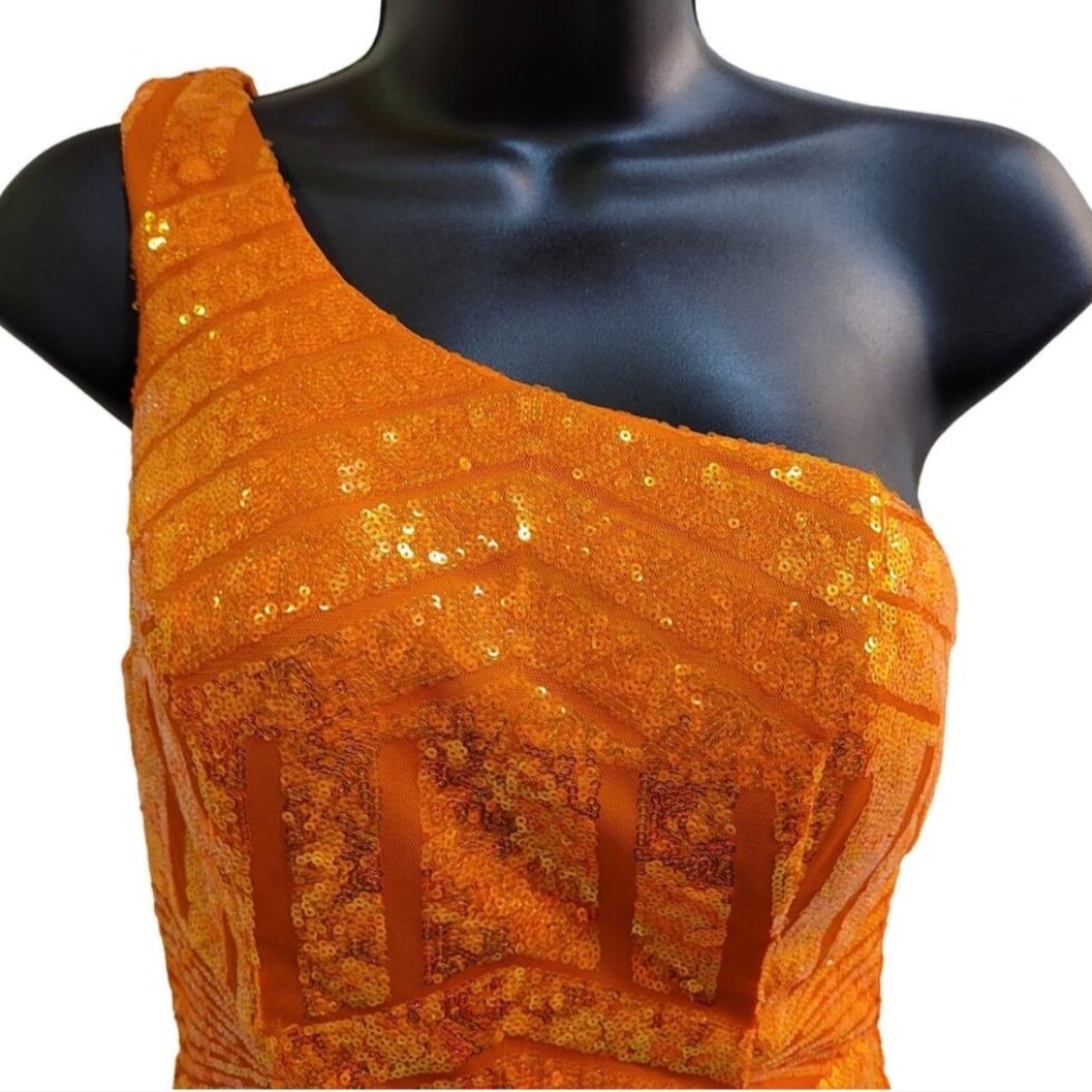 Women's Orange Sequin Pattern One Shoulder Asymmetrical Short Dress