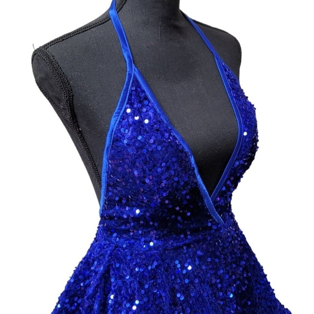 Women's Sapphire Blue V Neck Halter Short Dress