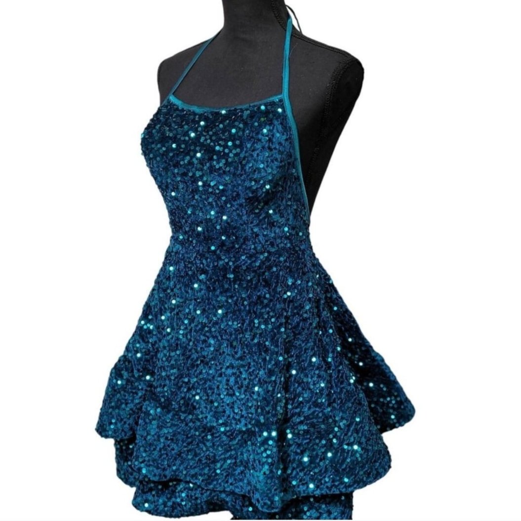 Women's Teal Scoop Neck Halter Short Sequin Dress