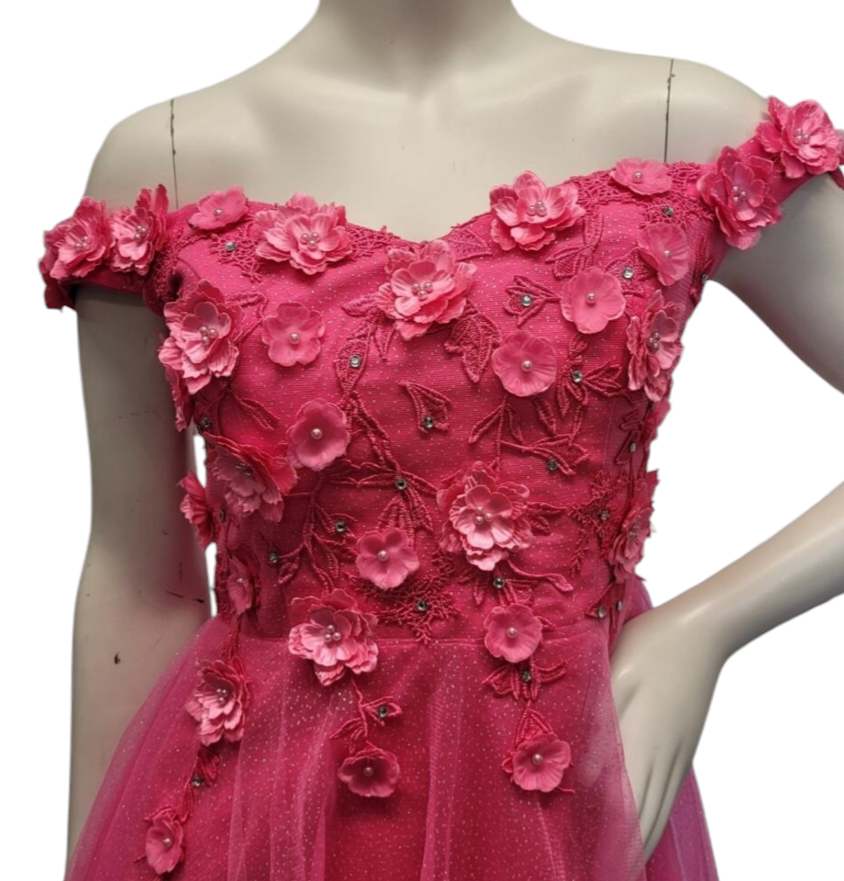 Women's Hot Pink Short Flower Off Shoulder Dress
