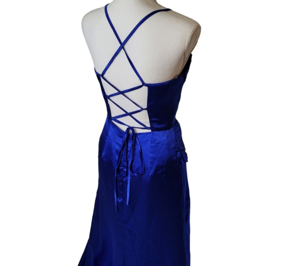 Sapphire Blue Strappy Halo Dress Sweetheart Neckline with Corset Back