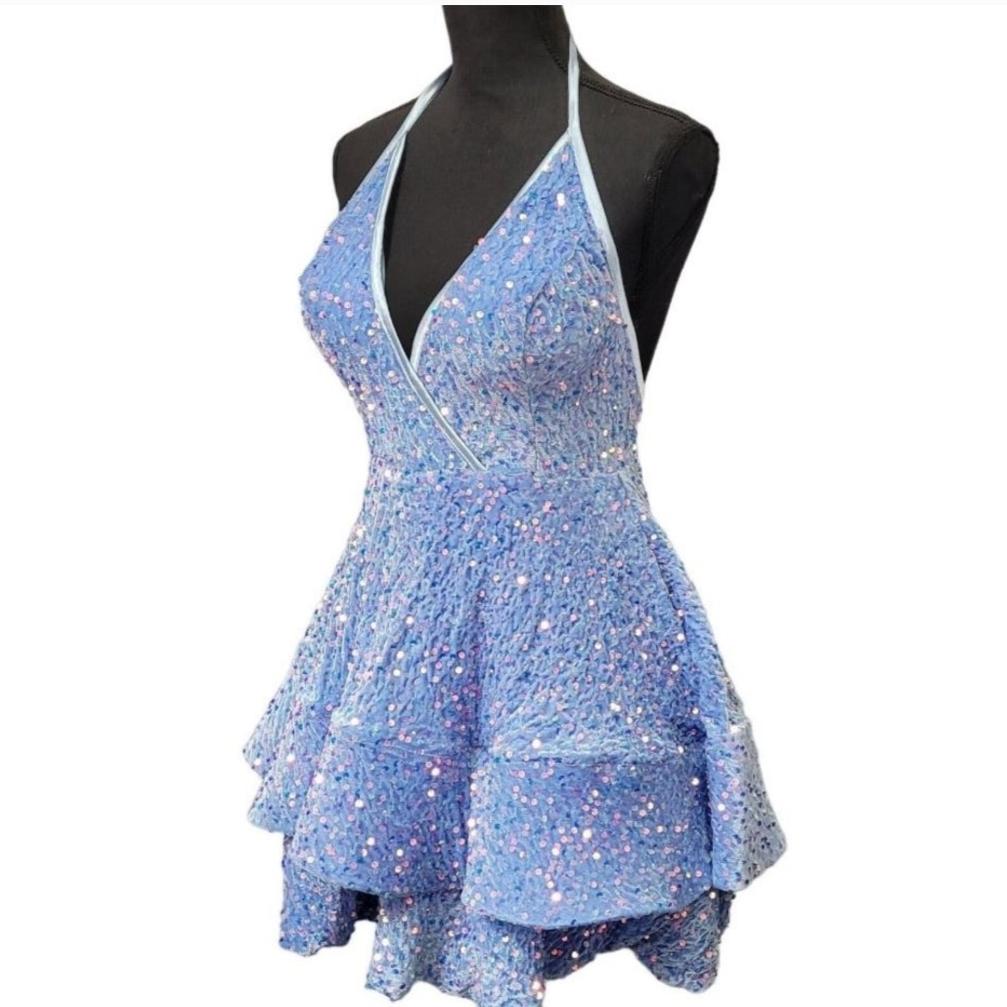 Women's Icy Blue V Neck Halter Short Dress