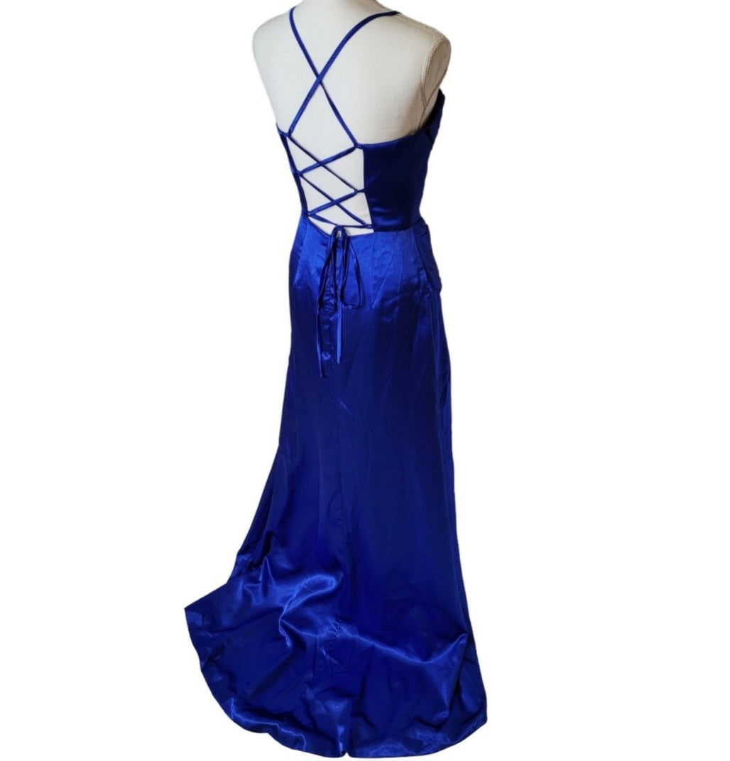 Sapphire Blue Strappy Halo Dress Sweetheart Neckline with Corset Back