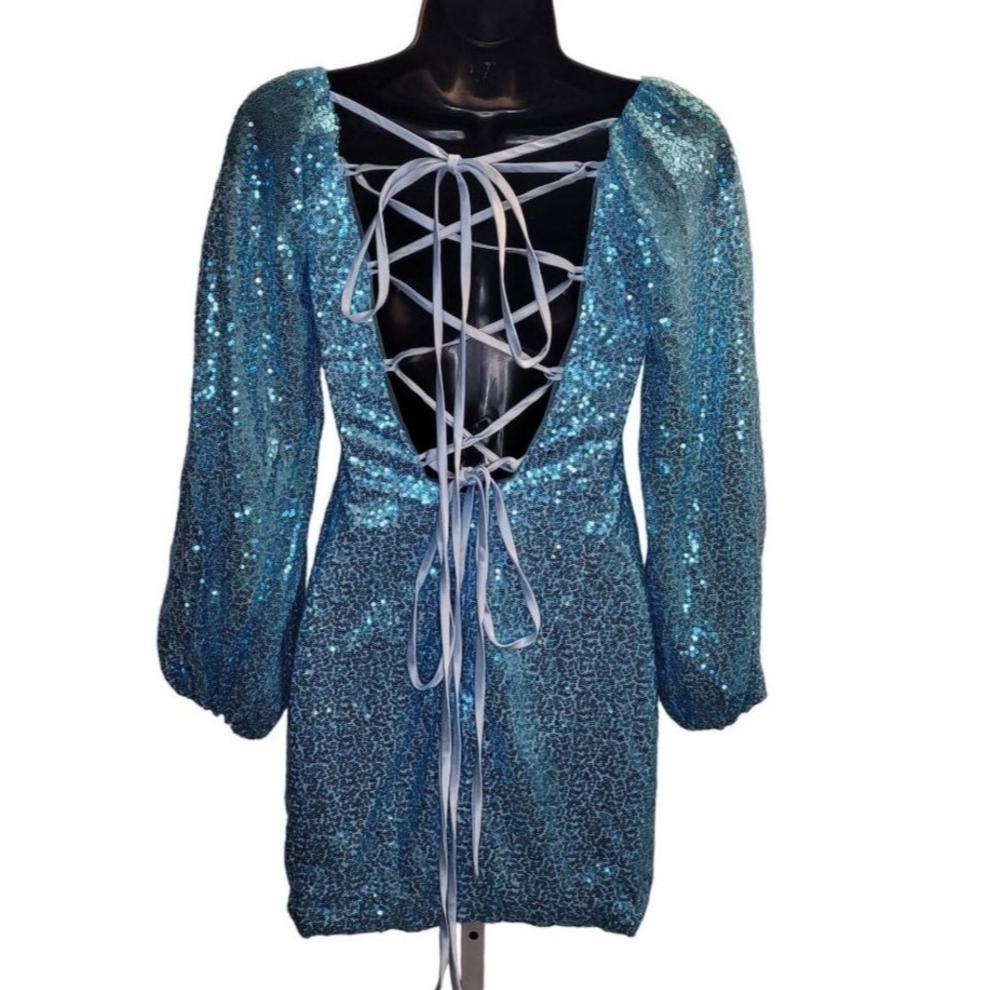 Women's Baby Blue Sequin Long Sleeved Short Dress with Corset Back