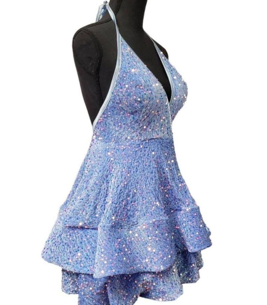 Women's Icy Blue V Neck Halter Short Dress