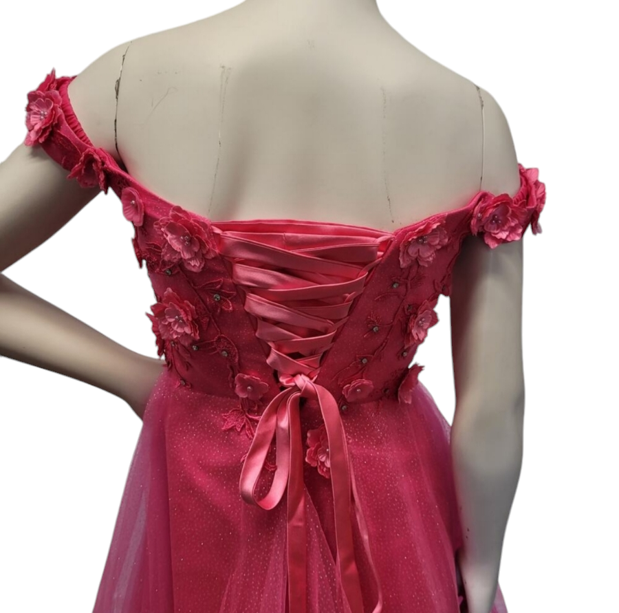 Women's Hot Pink Short Flower Off Shoulder Dress