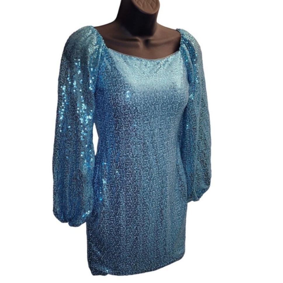 Women's Baby Blue Sequin Long Sleeved Short Dress with Corset Back