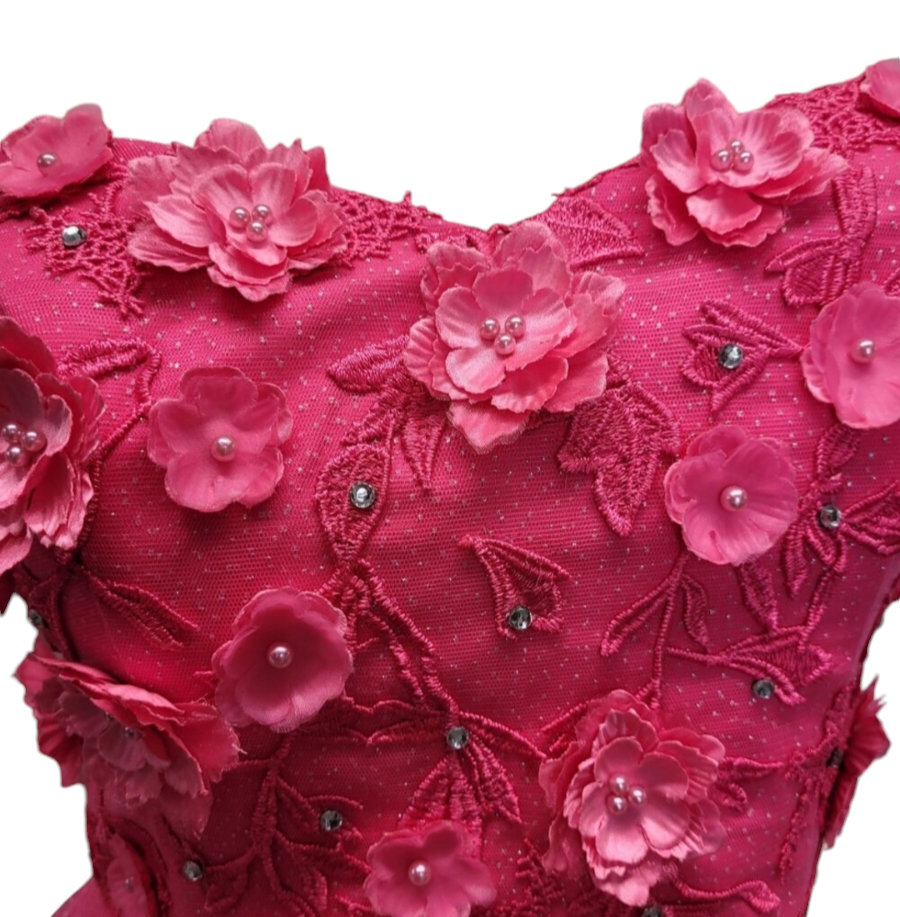 Women's Hot Pink Short Flower Off Shoulder Dress