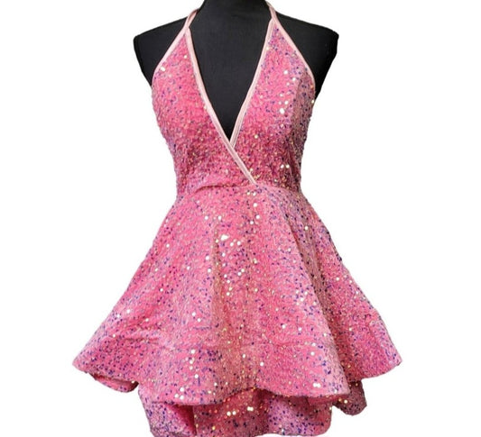 Women's Bubblegum Pink V Neck Halter Short Dress