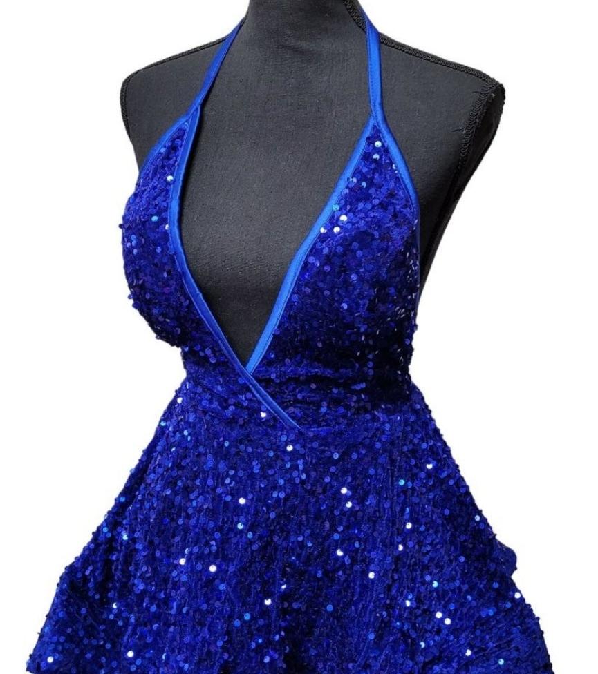 Women's Sapphire Blue V Neck Halter Short Dress