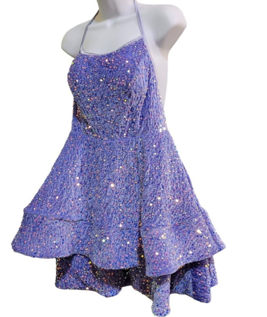 Women's Lilac Scoop Neck Halter Short Sequin Dress