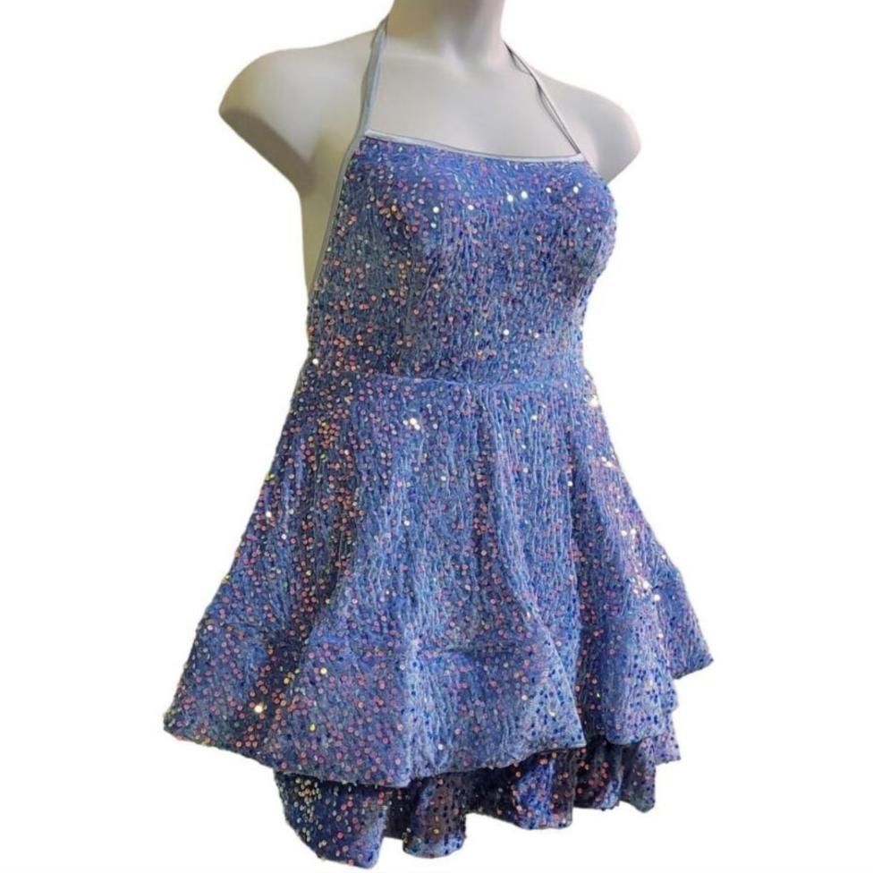 Women's Icy Blue Scoop Neck Halter Short Dress