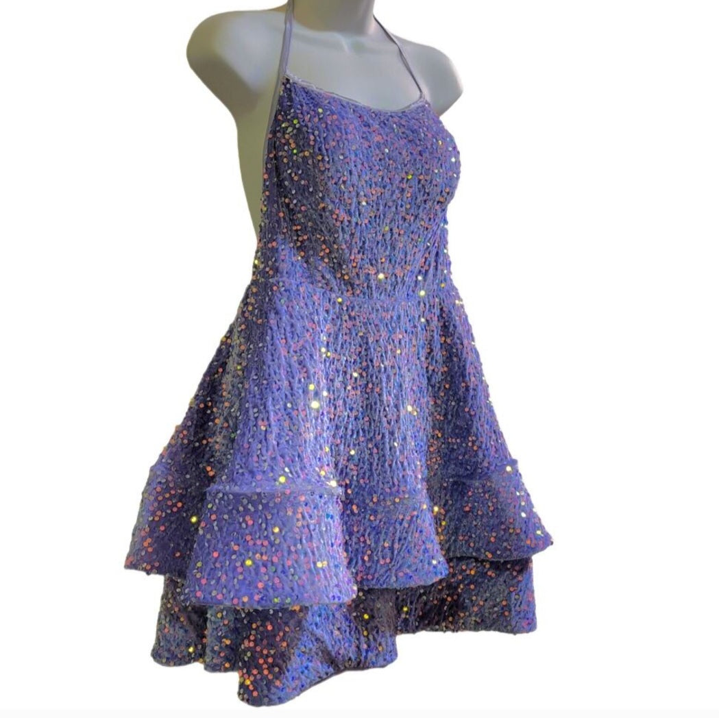 Women's Lilac Scoop Neck Halter Short Sequin Dress