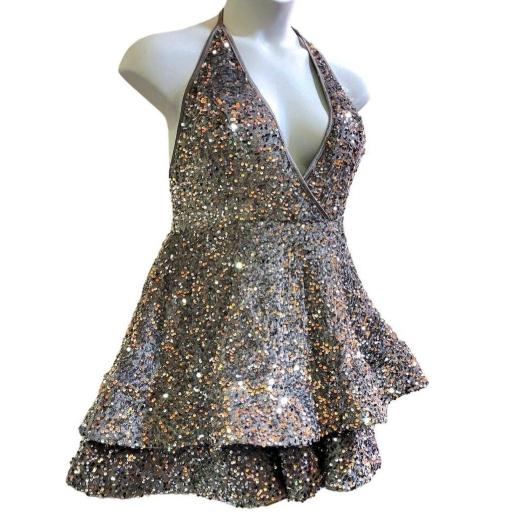Women's Silver V Neck Halter Short Sequin Dress