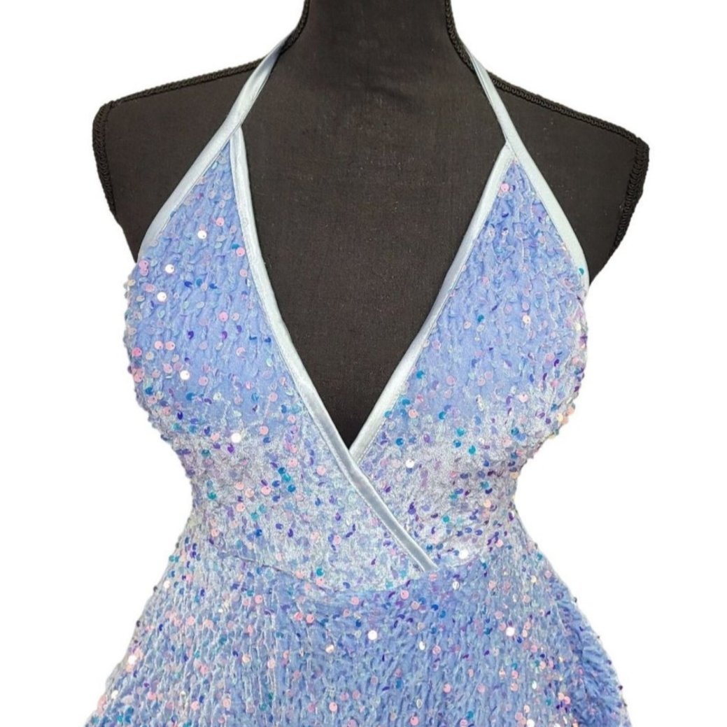Women's Icy Blue V Neck Halter Short Dress