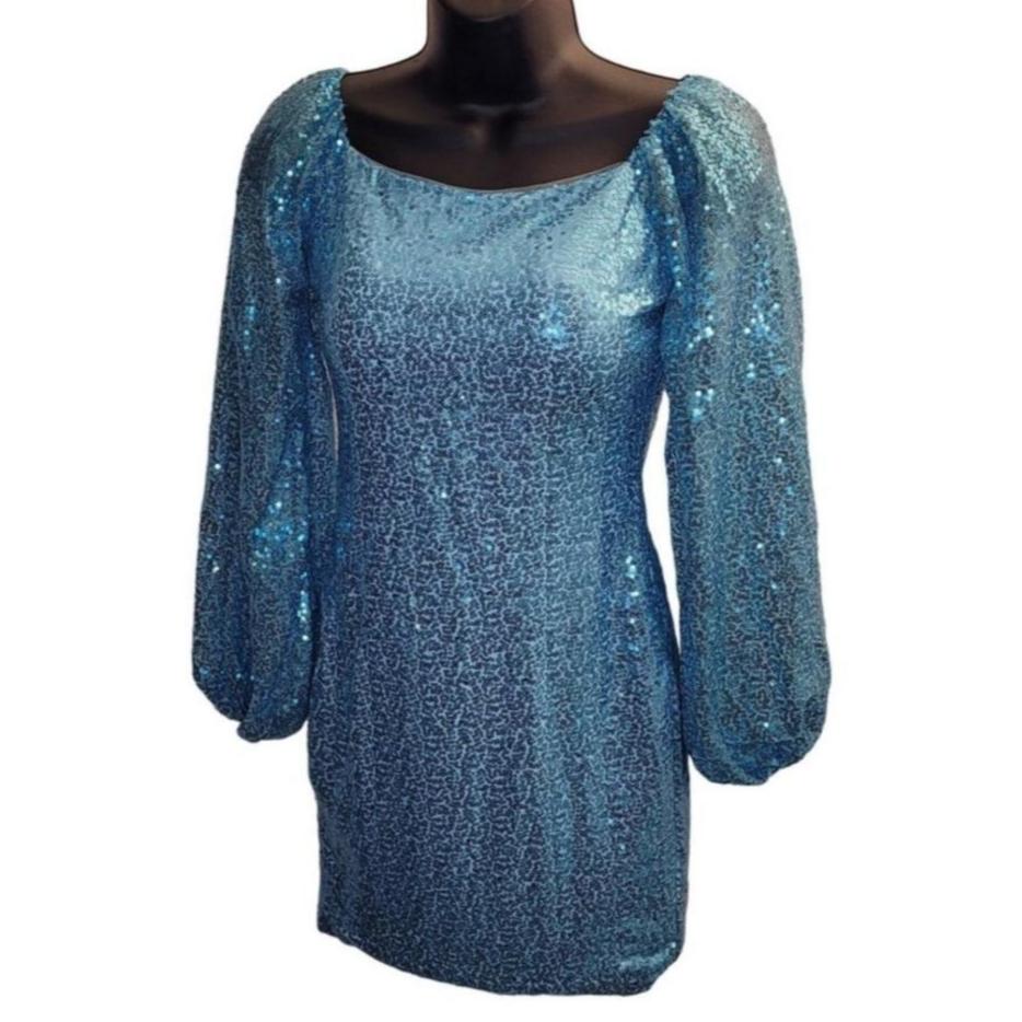 Women's Baby Blue Sequin Long Sleeved Short Dress with Corset Back