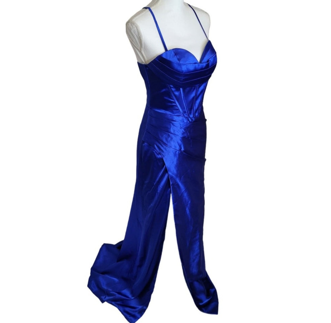Sapphire Blue Strappy Halo Dress Sweetheart Neckline with Corset Back