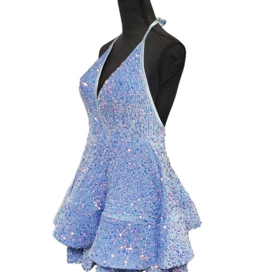 Women's Icy Blue V Neck Halter Short Dress