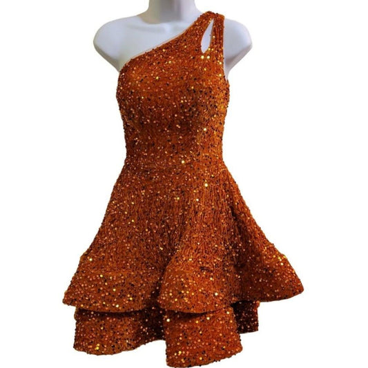 Women's Orange One Shoulder with Cutout Asymmetrical Short Dress