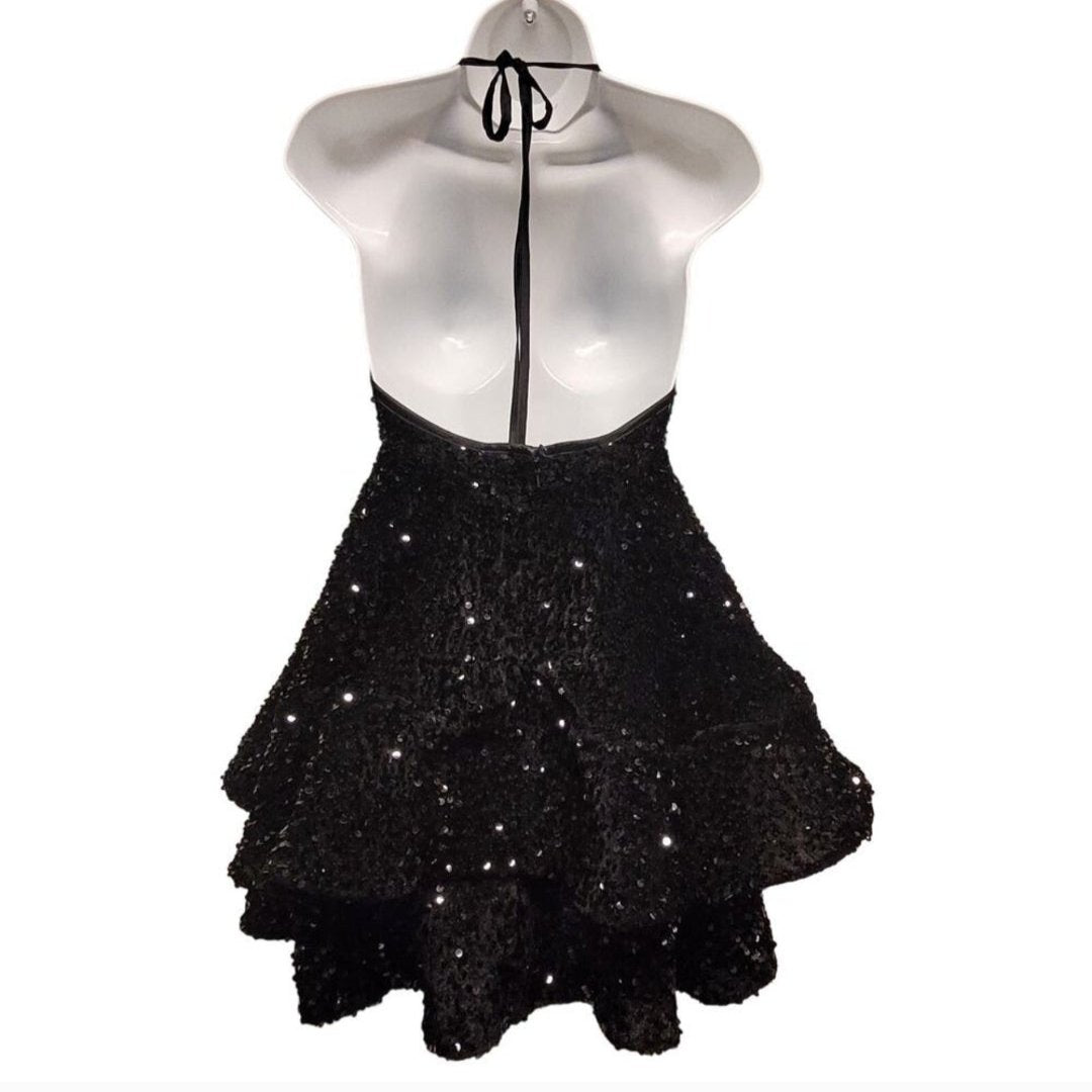 Women's Black Sequin V Neck Halter Short Dress