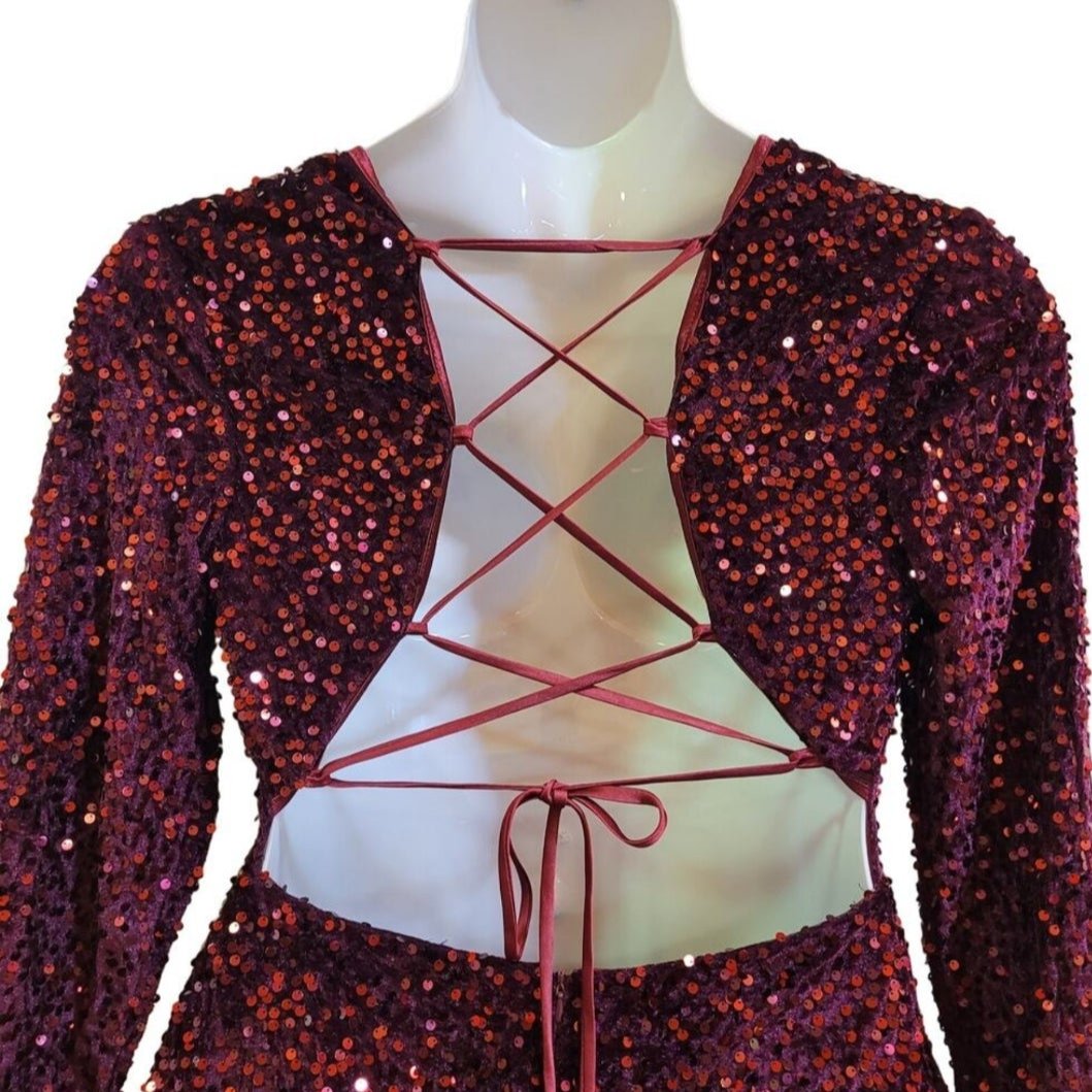 Women's Burgundy Long Sleeved Corset Back Short Sequin Dress