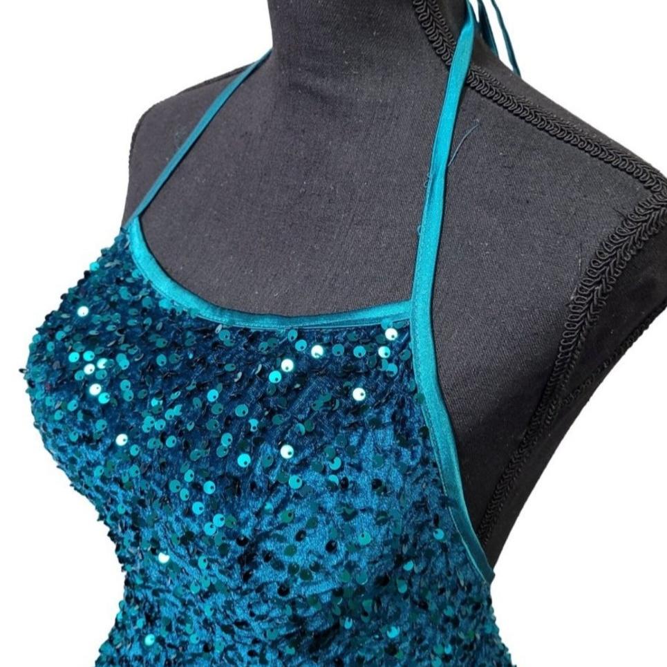 Women's Teal Scoop Neck Halter Short Sequin Dress