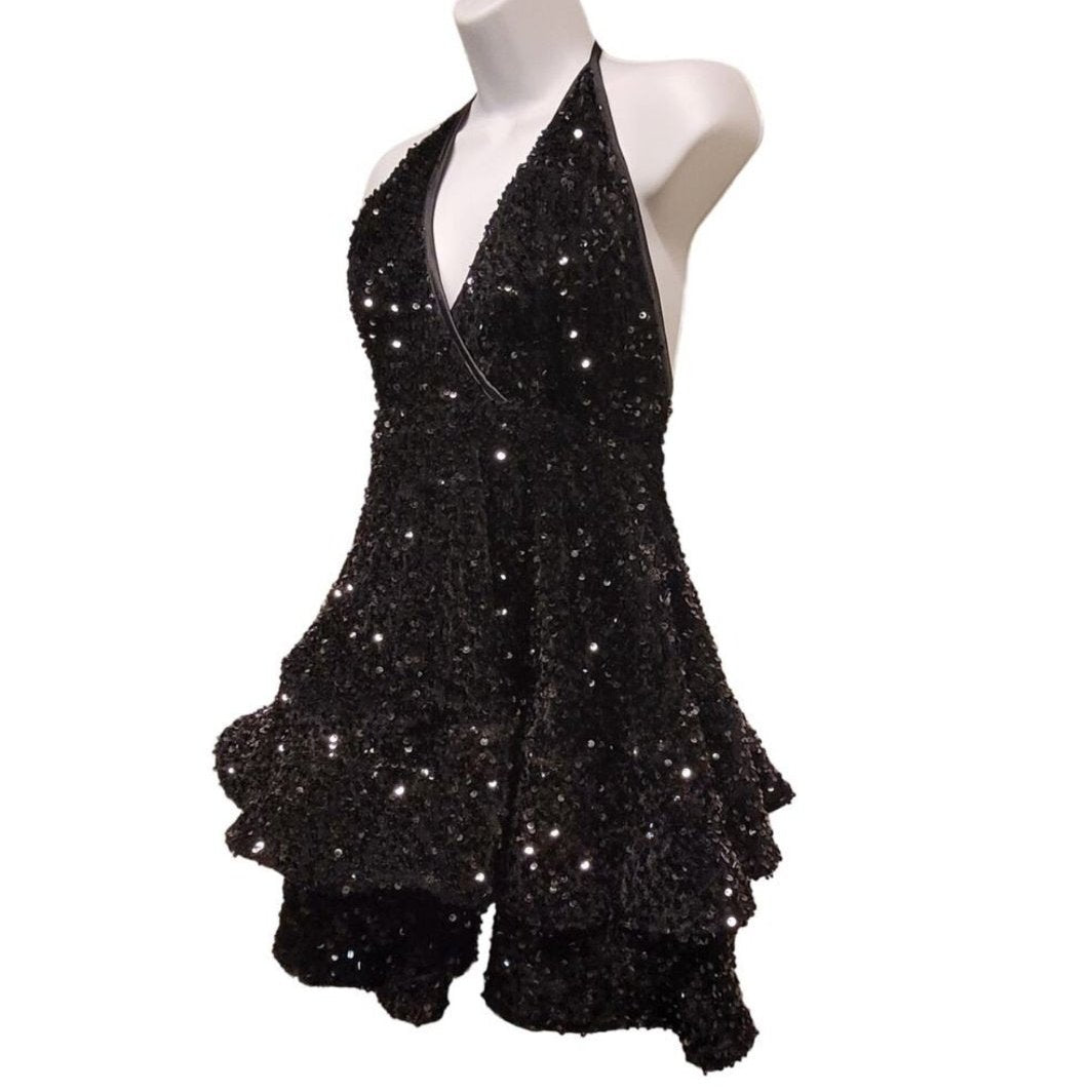 Women's Black Sequin V Neck Halter Short Dress