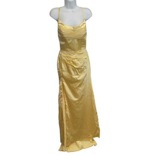 Buttercup Yellow Strappy Halo Dress Scoop Neckline with Corset Back