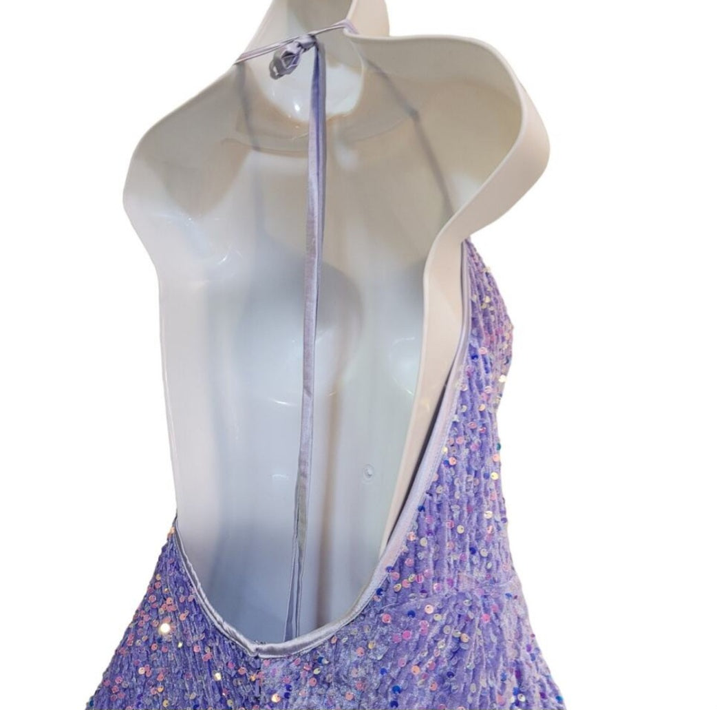 Women's Lilac Scoop Neck Halter Short Sequin Dress