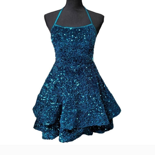 Women's Teal Scoop Neck Halter Short Sequin Dress