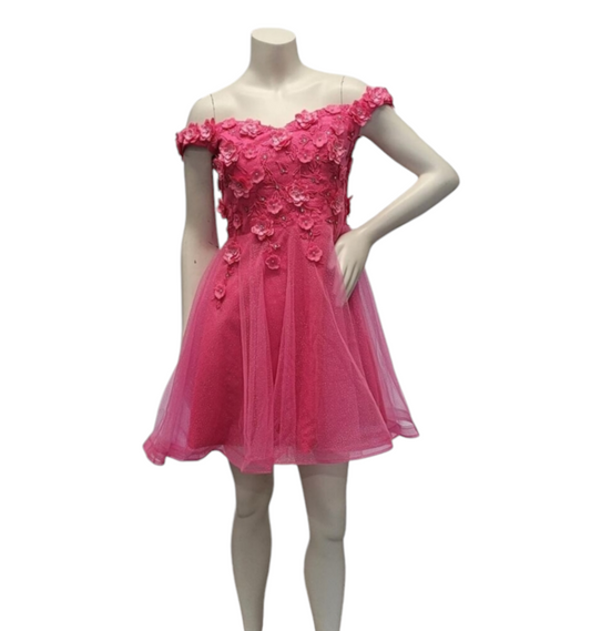 Women's Hot Pink Short Flower Off Shoulder Dress