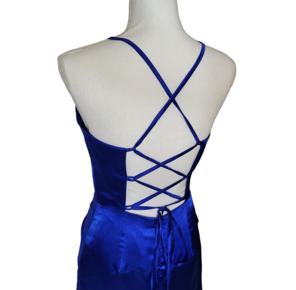 Sapphire Blue Strappy Halo Dress Sweetheart Neckline with Corset Back