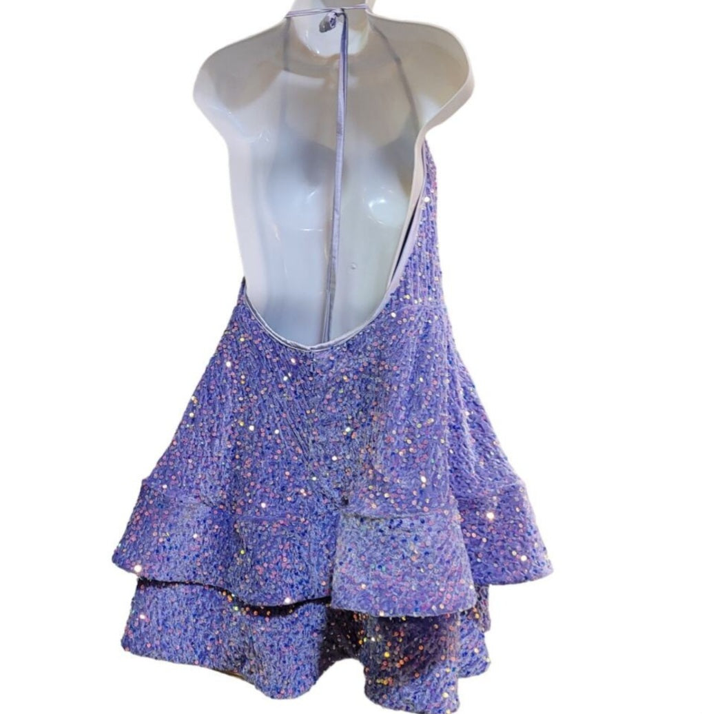 Women's Lilac Scoop Neck Halter Short Sequin Dress