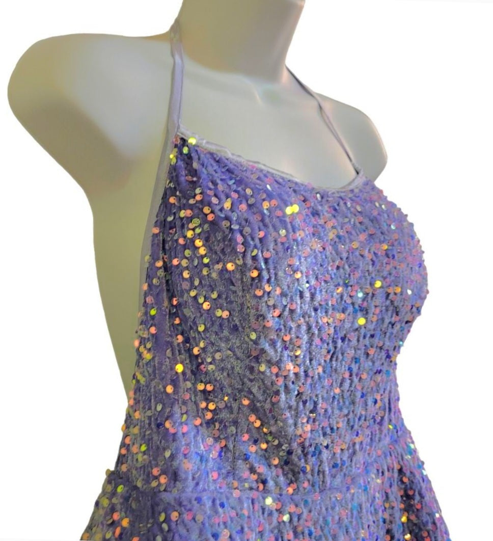 Women's Lilac Scoop Neck Halter Short Sequin Dress